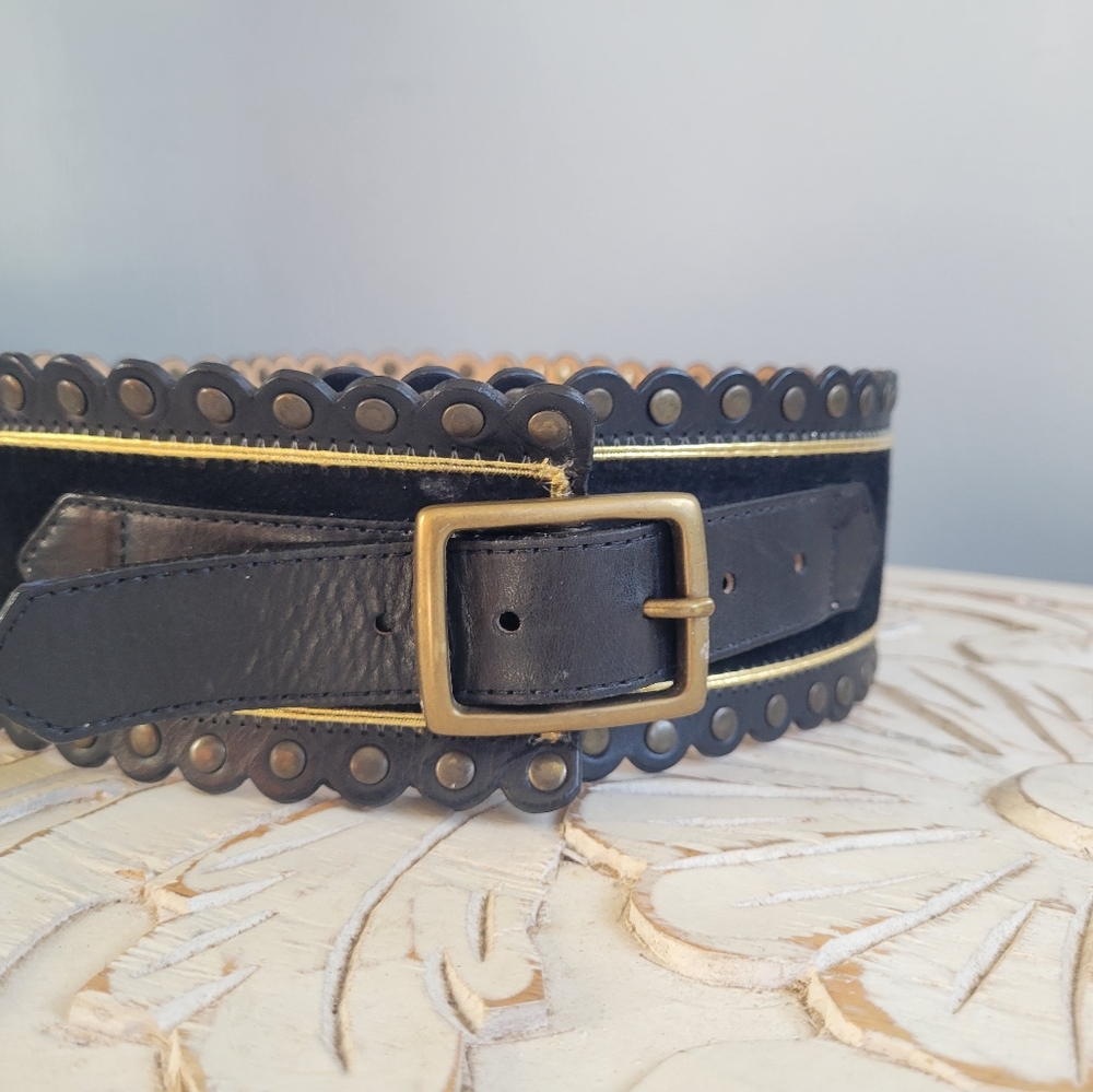 Vintage 2003 DKNY leather and suede waist cinching belt black and gold